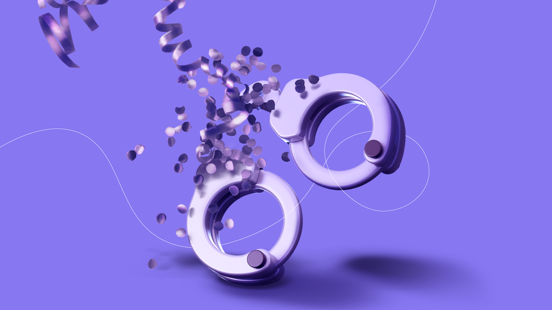 Open handcuffs releasing confetti, symbolizing creativity breaking free from marketing restrictions