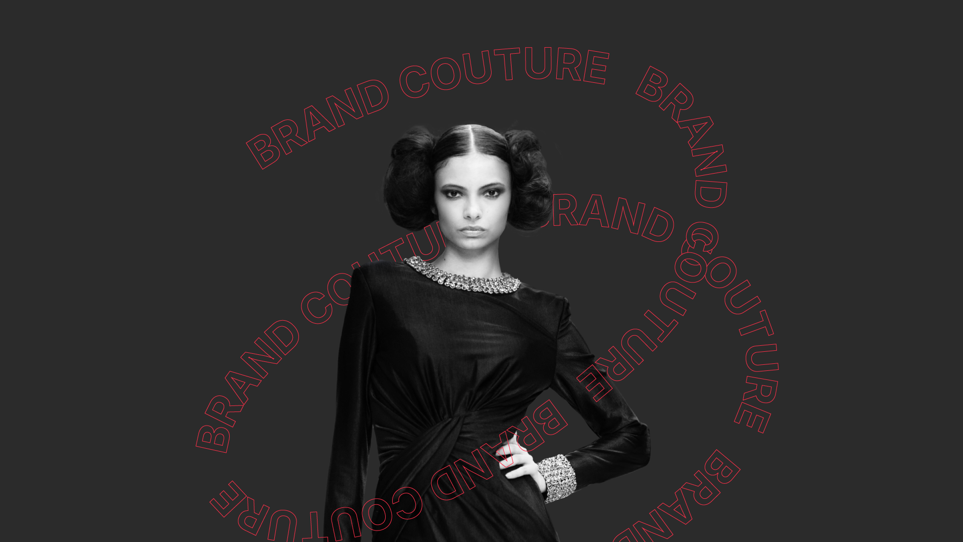 Woman in futuristic black gown representing Techtio’s brand couture concept for the Met Gala 2025, surrounded by red circular text that says Brand Couture on a dark background